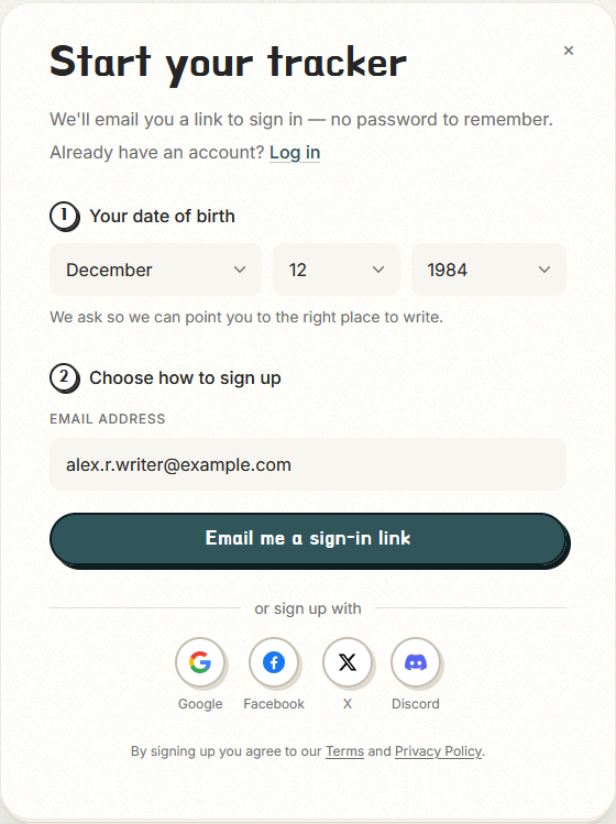 Screenshot of the NaNo 2.0 tracker account creation page