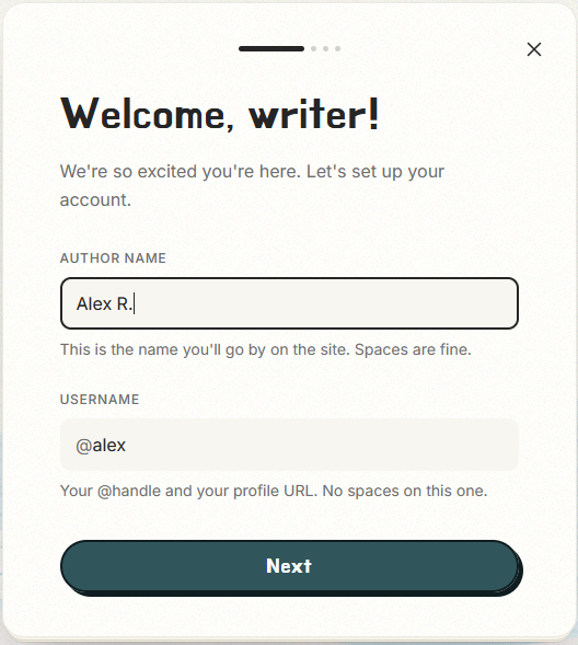 Screenshot of the NaNo 2.0 tracker onboarding process, page one; an input box asking for display name, an input box asking for username, and a button labeled 'Next'.