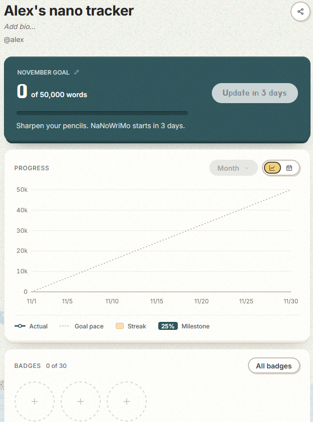 Screenshot of the NaNo 2.0 tracker tracker page. The tracker does not allow the user to update their word count before November 1st, with the update button disabled. Text on the button will vary -- this screenshot shows a button that says 'Update in 3 days'.