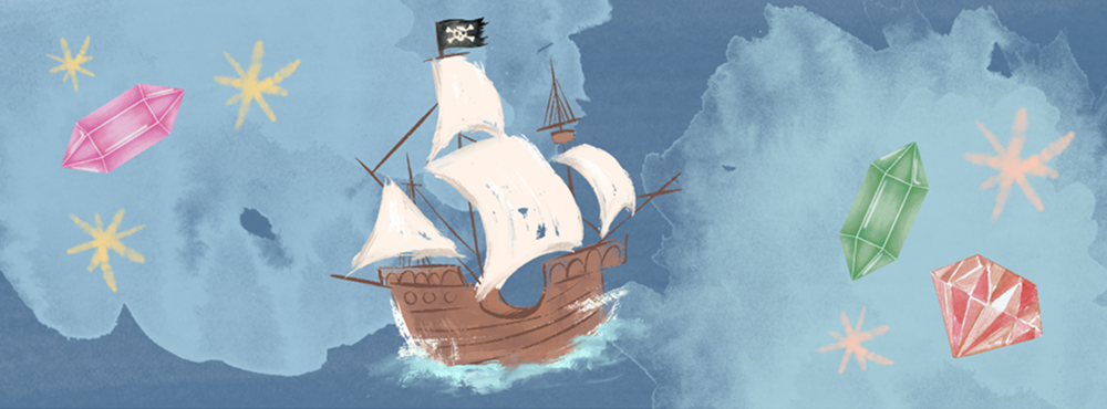 A drawing of a pirate ship surrounded by gems