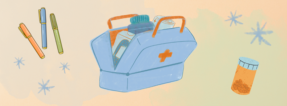 Collage featuring a doctor’s bag, a pill bottle, and some writing utensils