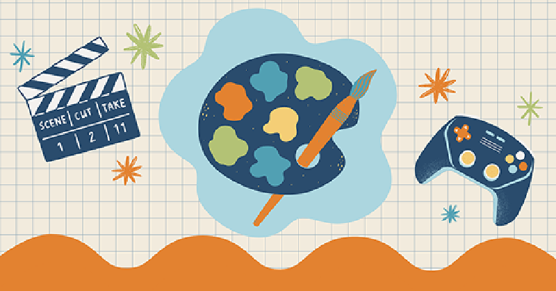 A collage of images including a film set clapper, a painter's palette board, and a video game console controller