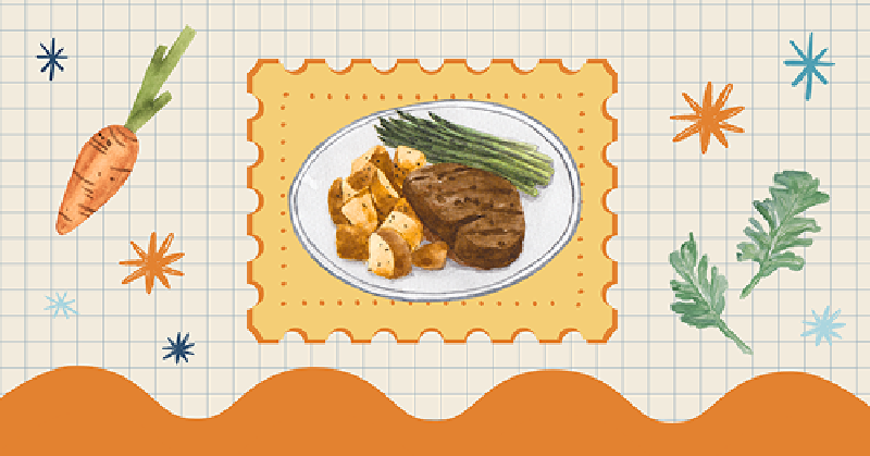 A collage of images that includes a plate of food and a carrot