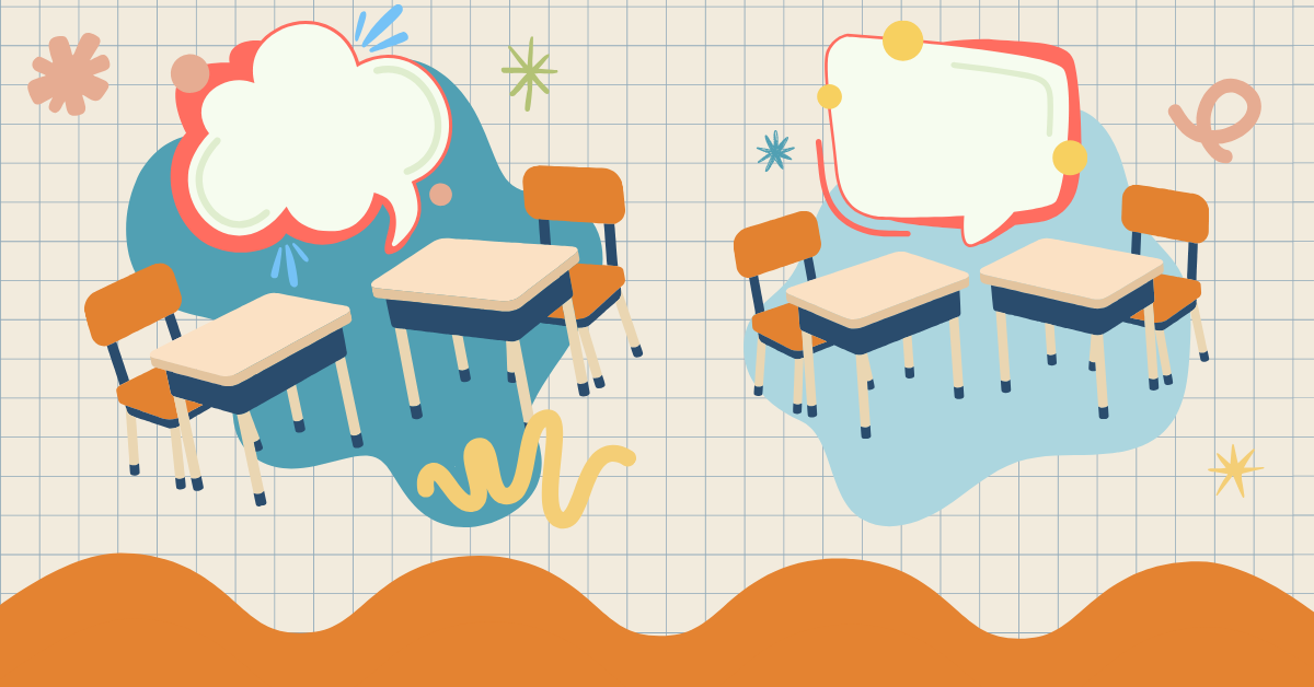 An illustration of classroom desks with speech bubbles above them