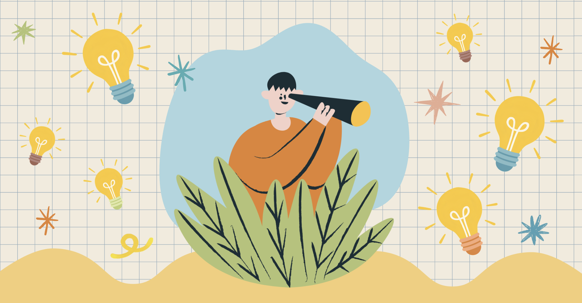 An illustration of a boy looking through a periscope while surrounded by glowing light bulbs