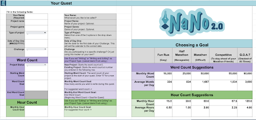 A screenshot of the Your Quest tab of the spreadseet with dozens of cells on it.