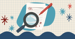 An illustration of a magnifying glass and red editing pen atop a manuscript page