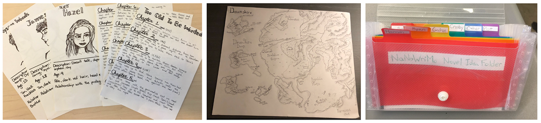 Examples of student prep work, including a hand-drawn map and an accordion file