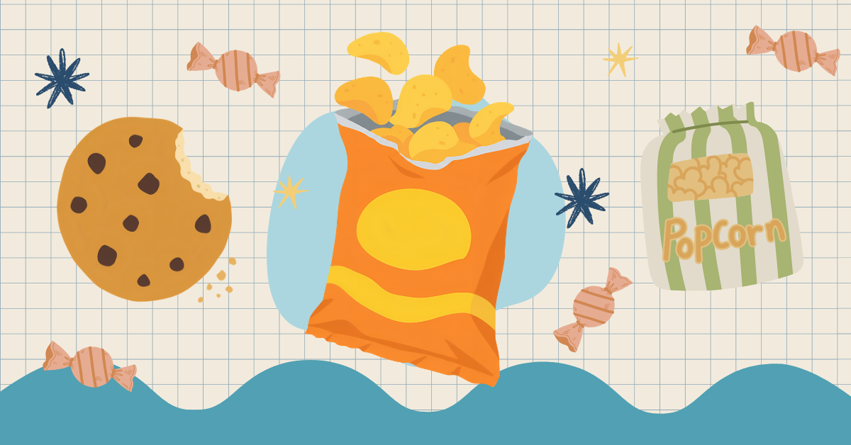 An illustration of a bag of potato chips, popcorn, and a chocolate chip cookie, with wrapped candies scattered about