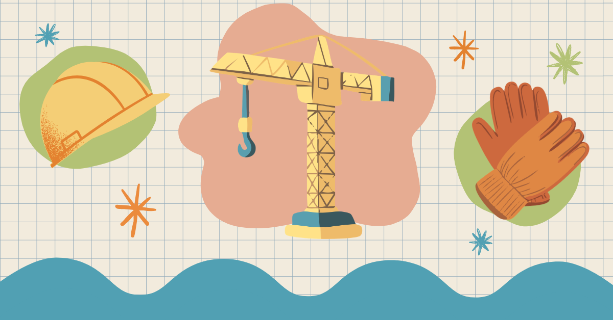 Illustrated collage of a construction hard hat, crane, and work gloves