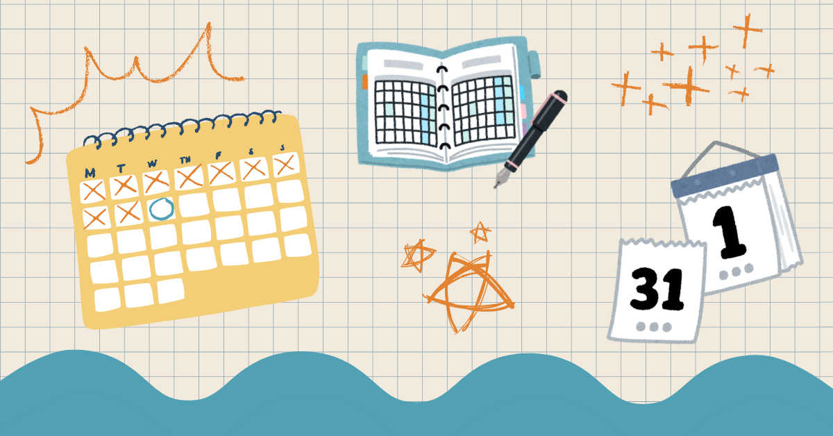An illustration of a pen, a calendar, and some stars