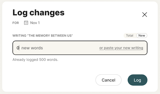 A mock-up of the NaNo 2.0 word count tracker UI with “Log changes” in the header.