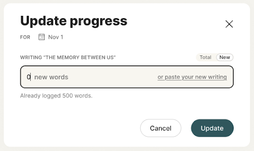 A mock-up of the NaNo 2.0 word count tracker UI with “Update progress” in the header.