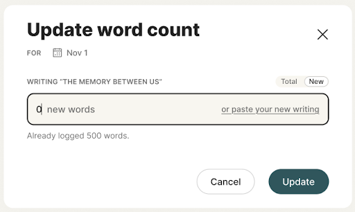 A mock-up of the NaNo 2.0 word count tracker UI with “Update word count” in the header.