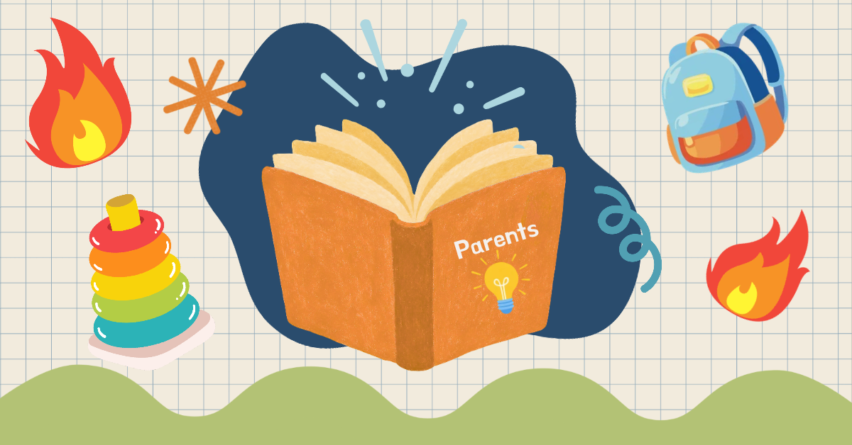 An illustration of a book that says "Parenting" with some children's toys and flames in the background